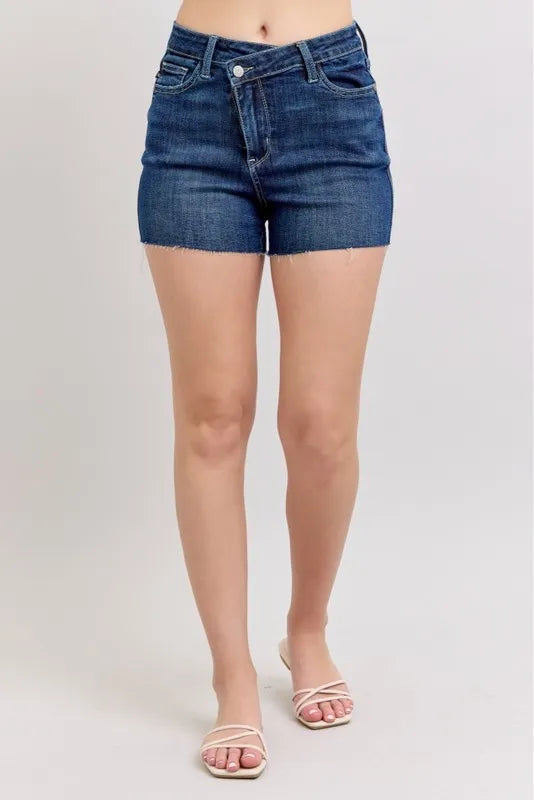 Judy Blue High Waist Criss-Cross Waistband Denim Shorts DK / M DK / S DK / L DK / M-DK / S-DK / L-DK / 1XL-DK / 3XL-DK / 2XL-
