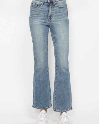 Judy Blue Full Size Tummy Control Back Embroidered Pocketed Bootcut Jeans Plus Size SHORT INSEAM