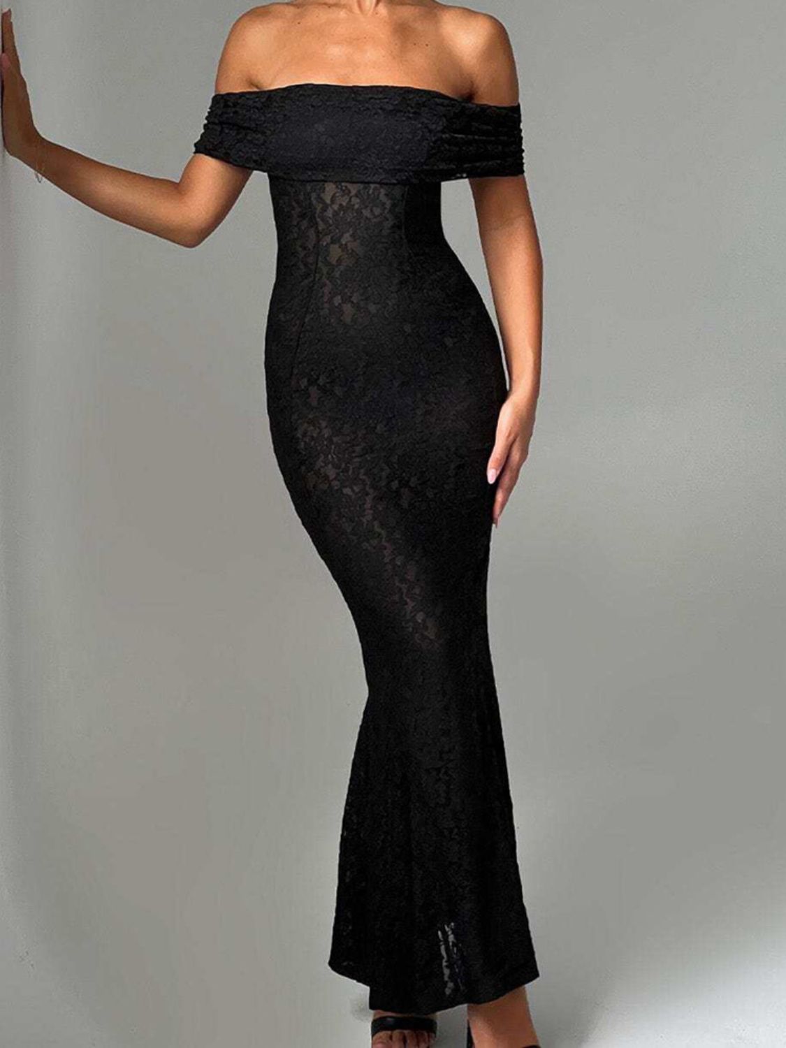 Devine Backless Lace Off-Shoulder Maxi Dress Black / S Black / M Black / L Black / S-Black / M-Black / L-Black / XL-