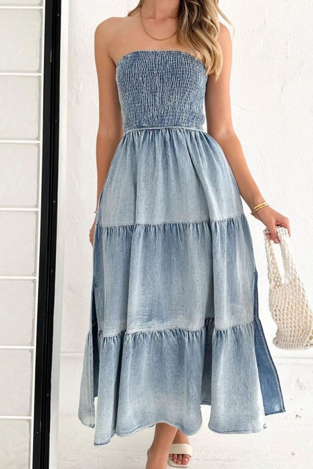 Smocked Tube Slit Tiered Denim Dress Light Blue / S Light Blue / M Light Blue / L Light Blue / S-Light Blue / M-Light Blue / L-Light Blue / XL-