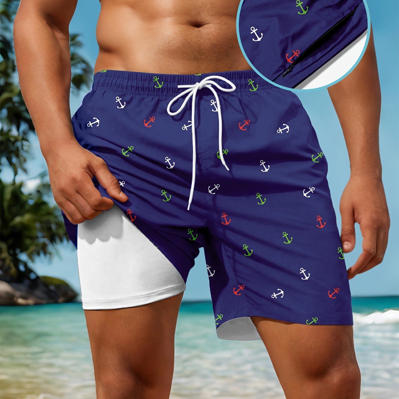 Men'S Swim Trunk With Compression Liner Navy Blue Anchor PrintQuick Dry Board Sh