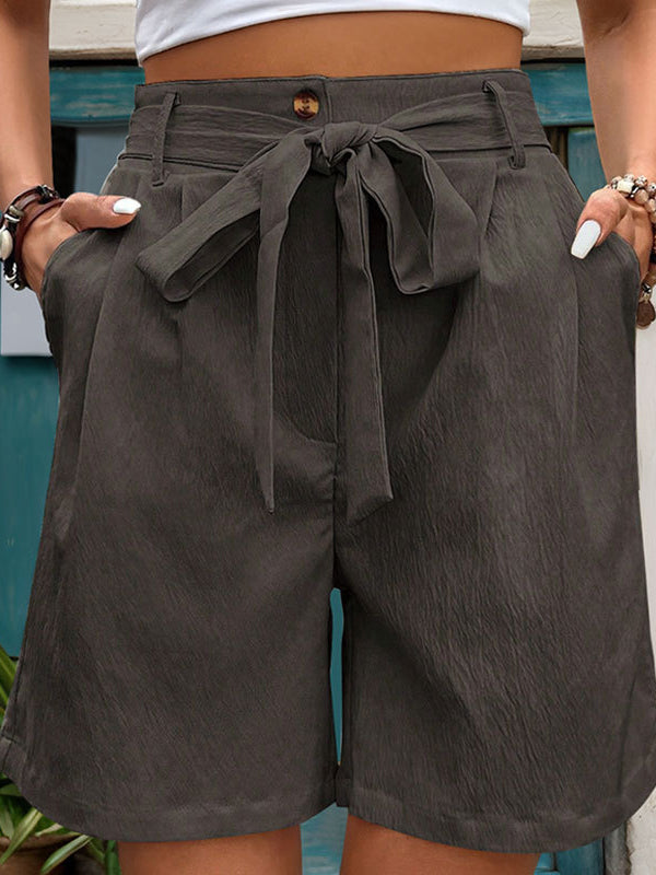 Chic High-Waisted Pleated Shorts with Tied Waist & Pockets DEEP GRAY