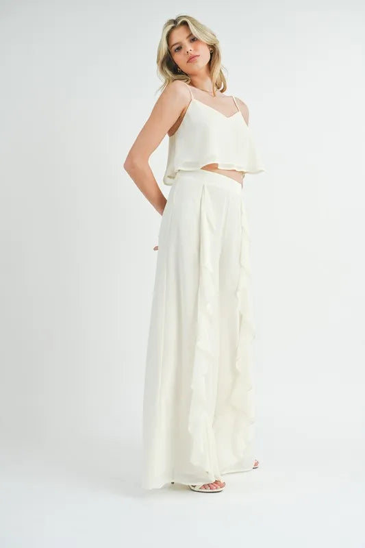 MABLE Crop Cami and Ruffled Wide Leg Pants Set Cream / S Cream / L Cream / M Cream / S-Cream / L-Cream / M-