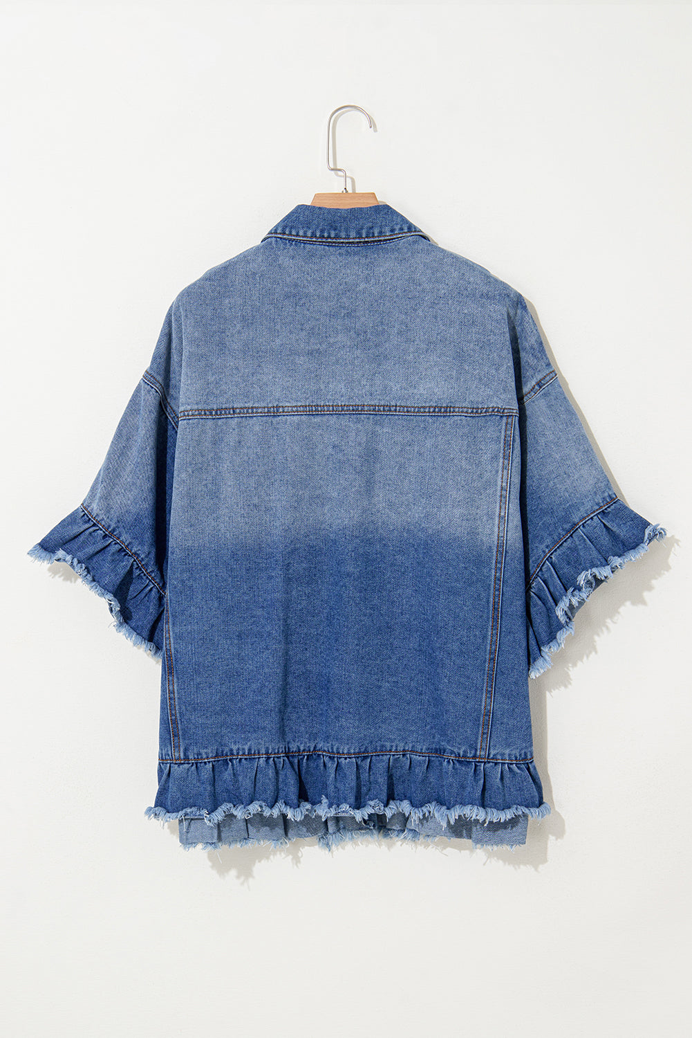 Peacock Blue Ruffled Frayed Short Sleeve Plus Size Denim Jacket Peacock Blue / 1X Peacock Blue / 2X