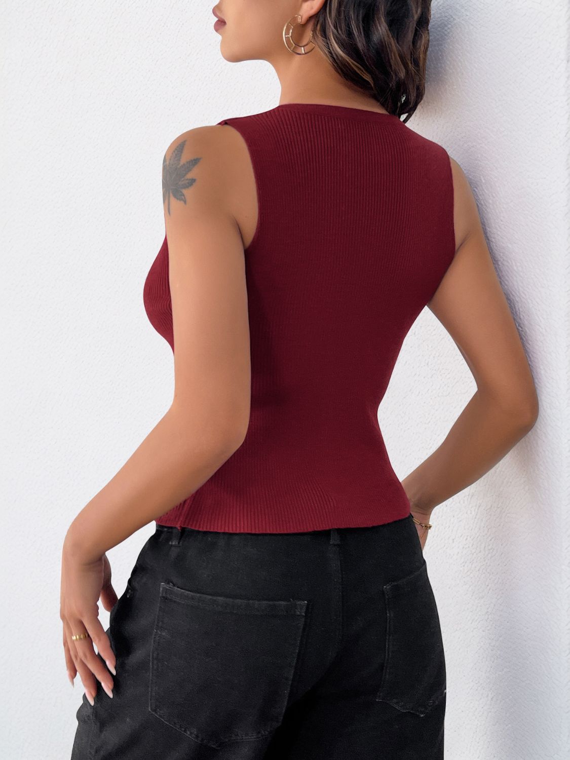 Perfee Ribbed Knot Button Cropped Tank Burgundy / S Burgundy / M Burgundy / L Burgundy / S-Burgundy / M-Burgundy / L-