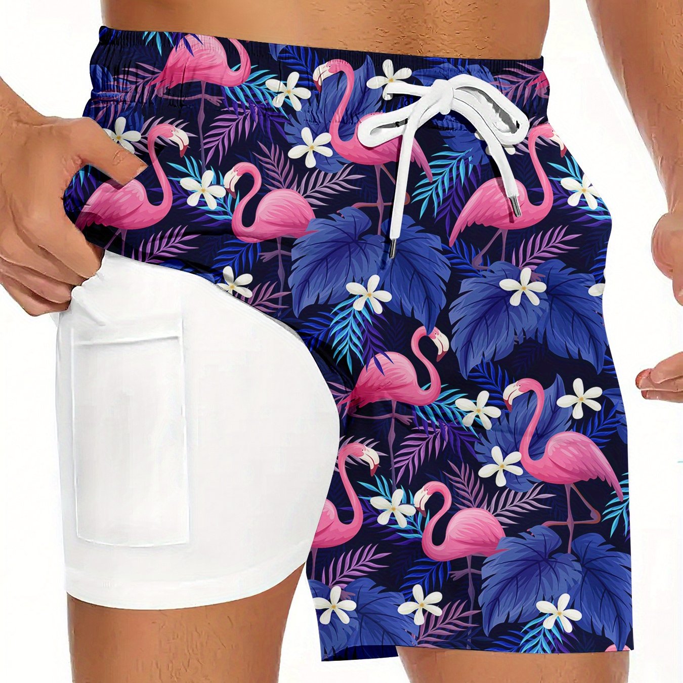 Men'S Tropical Quick-Dry Swim Trunks with Flamingo & Palm Tree Print, Dark Blue Drawstring Beach Shorts with Compression Stretch & Pockets - Casual Sporty Style for Summer, Summer Swimwear | Tropical Print Shorts | Drawstring