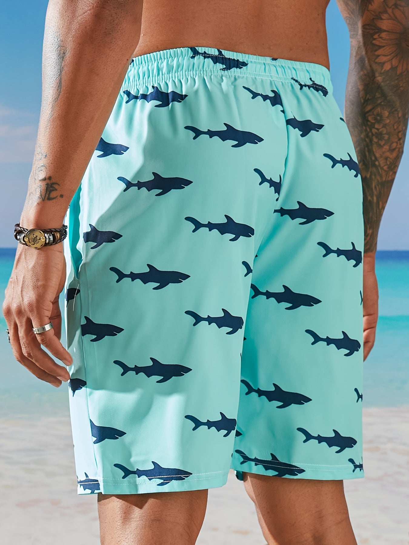 Men's Quick-Dry Hawaiian Swim Trunks with Adjustable Elastic Waist & Anti-Slip Pockets - Lightweight Beach Shorts, 95% Polyester 5% Spandex, Shark Print Design for Surfing, Swimming & Summer Activities, Surfing Essentials, Pl