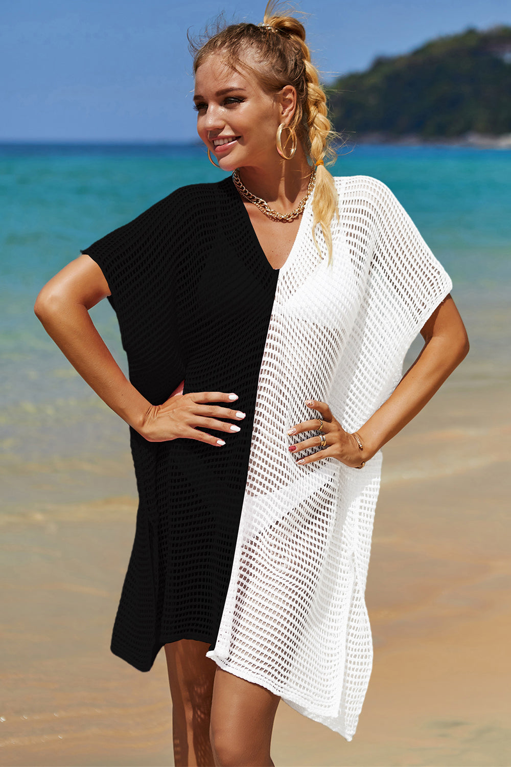 Angel Wings Openwork Contrast Slit Knit Cover Up Blue / One Size White / One Size