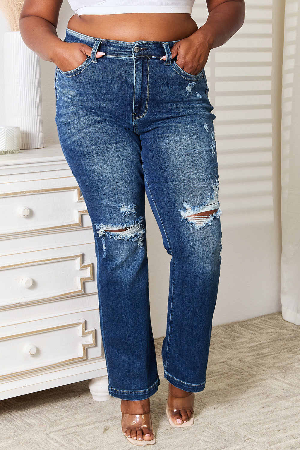 Judy Blue Full Size Mid Rise Hand Sand & Destroy Bootcut Jeans Dark / 1(25) Dark / 3(26)