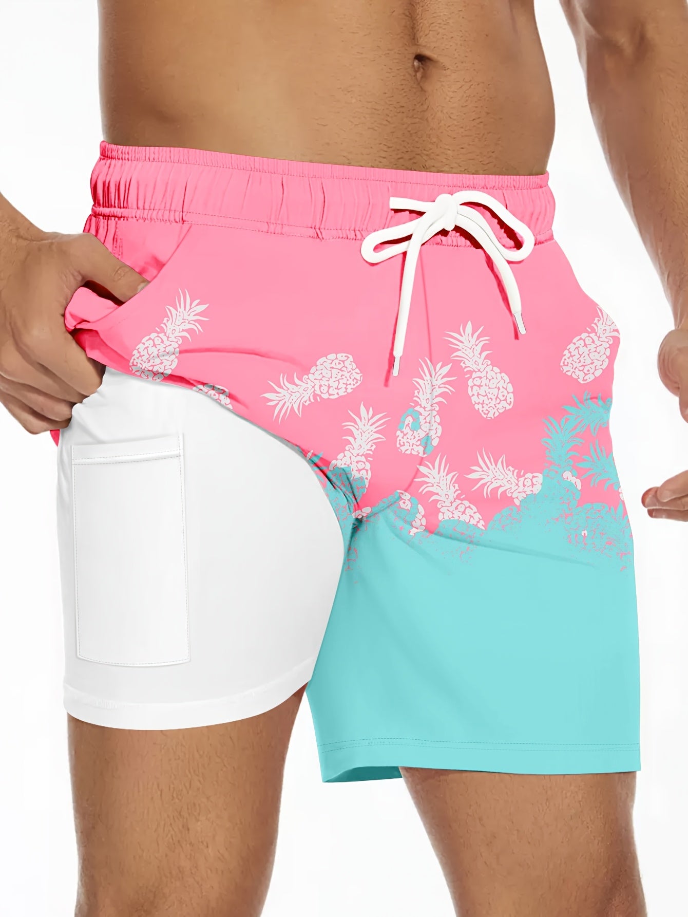 Men'S Summer Double-Layer Anti-Glare Beach Shorts, Casual Non-Stretch Fabric, Regular Fit with Flamingo Print