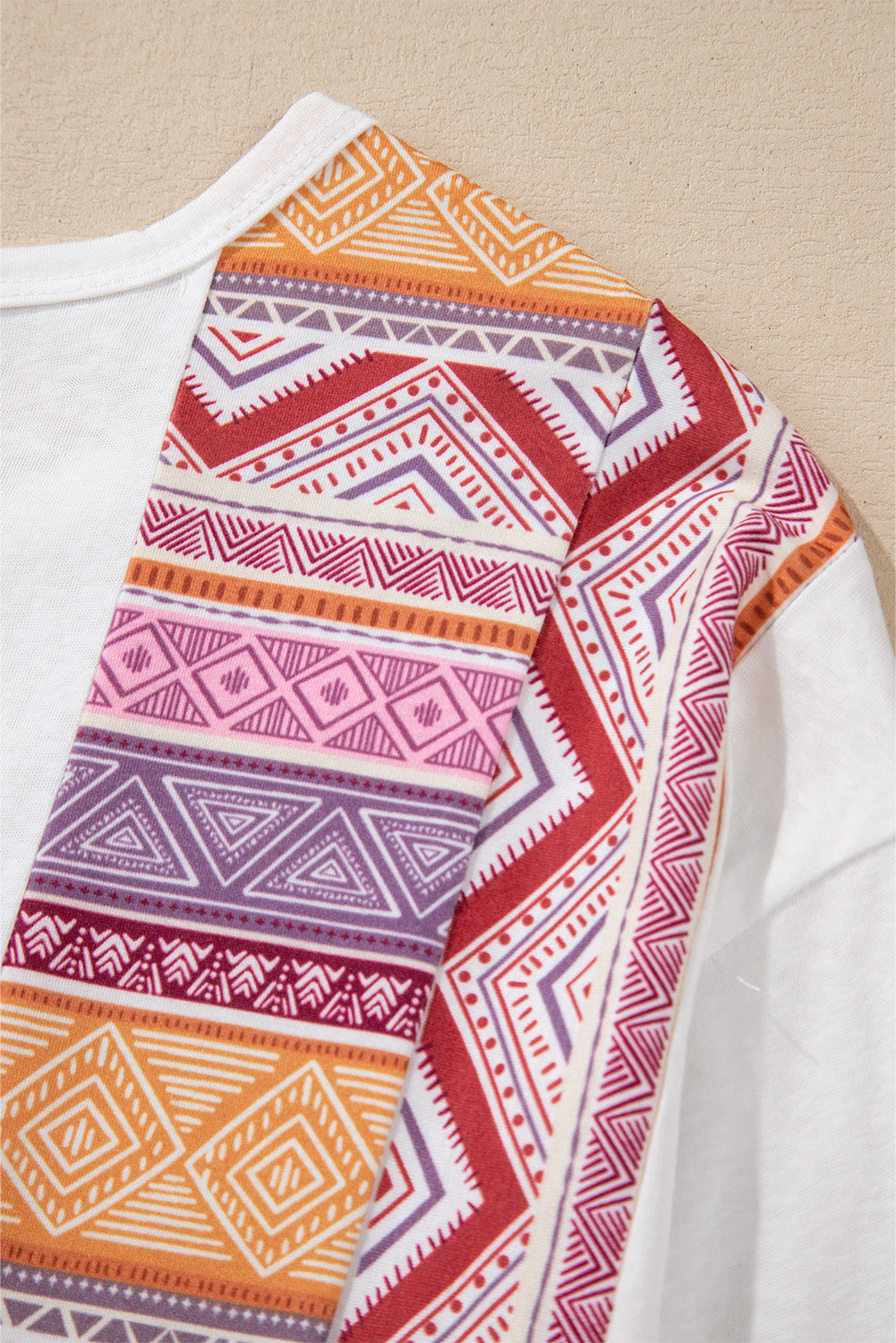 White Western Aztec Print Patchwork Ruffled Tunic Long Sleeve Babydoll Top White / S / 65%Cotton+35%Polyester White / M / 65%Cotton+35%Polyester