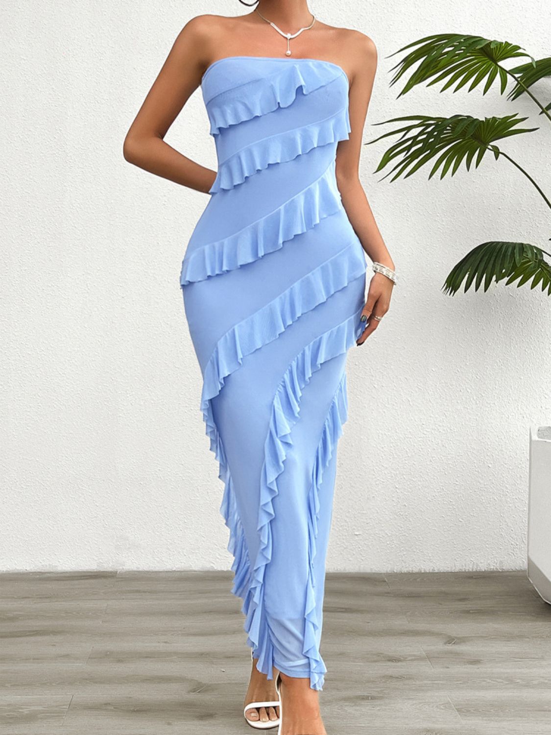 Devine Ruffled Slit Back Tube Maxi Dress Light Blue / M Light Blue / L Light Blue / XL Light Blue / M-Light Blue / L-Light Blue / XL-Pink / S-Pink / M-Pink / L-Pink / XL-White / S-White / M-White / L-White / XL-Dark Green / S-Dark Green / M-Dark Green / L-Dark Green / XL-Light Blue / S-