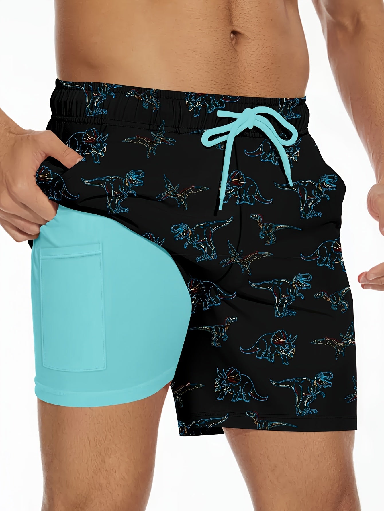 2-in-1 Quick-Dry Men's Swim Trunks | Dinosaur Print Board Shorts with Adjustable Drawstring Waist, Black with Blue Accents