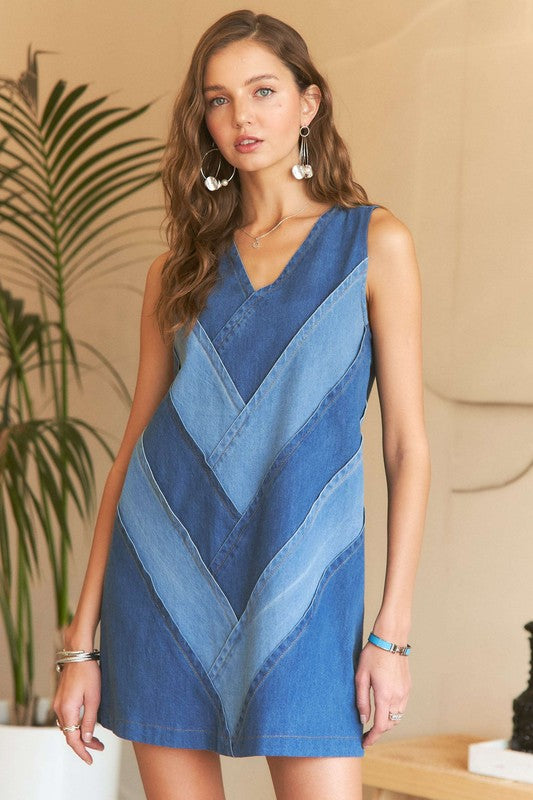 ADORA Chevron Color Block V-Neck Denim Dress Denim / S Denim / M Denim / L Denim / S-Denim / M-Denim / L-