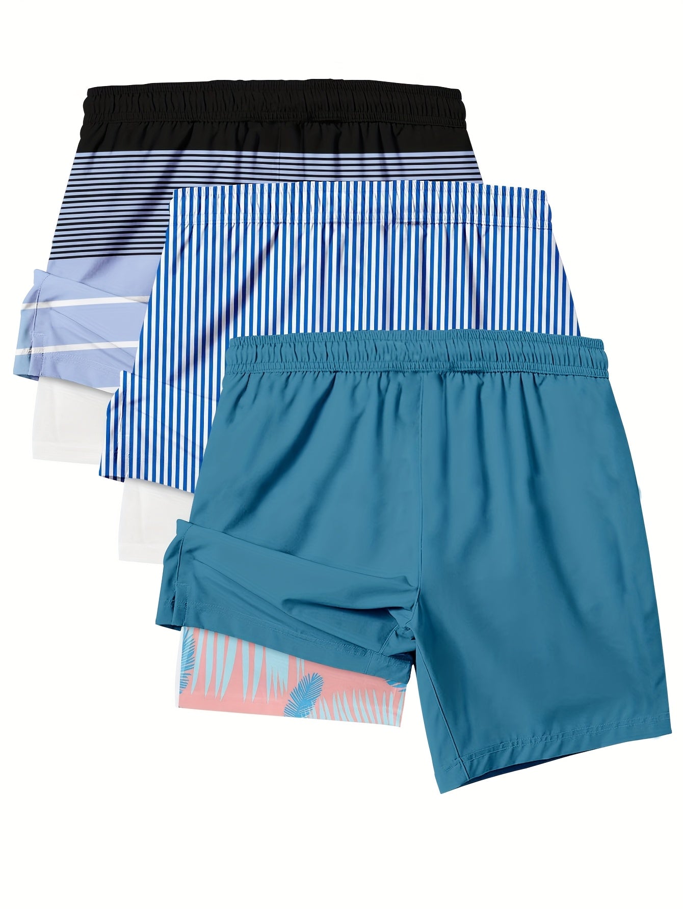3pcs Men's Breathable -Blend Casual Shorts with Zipper Closure & Elastic Waistband - Digital Print Striped
