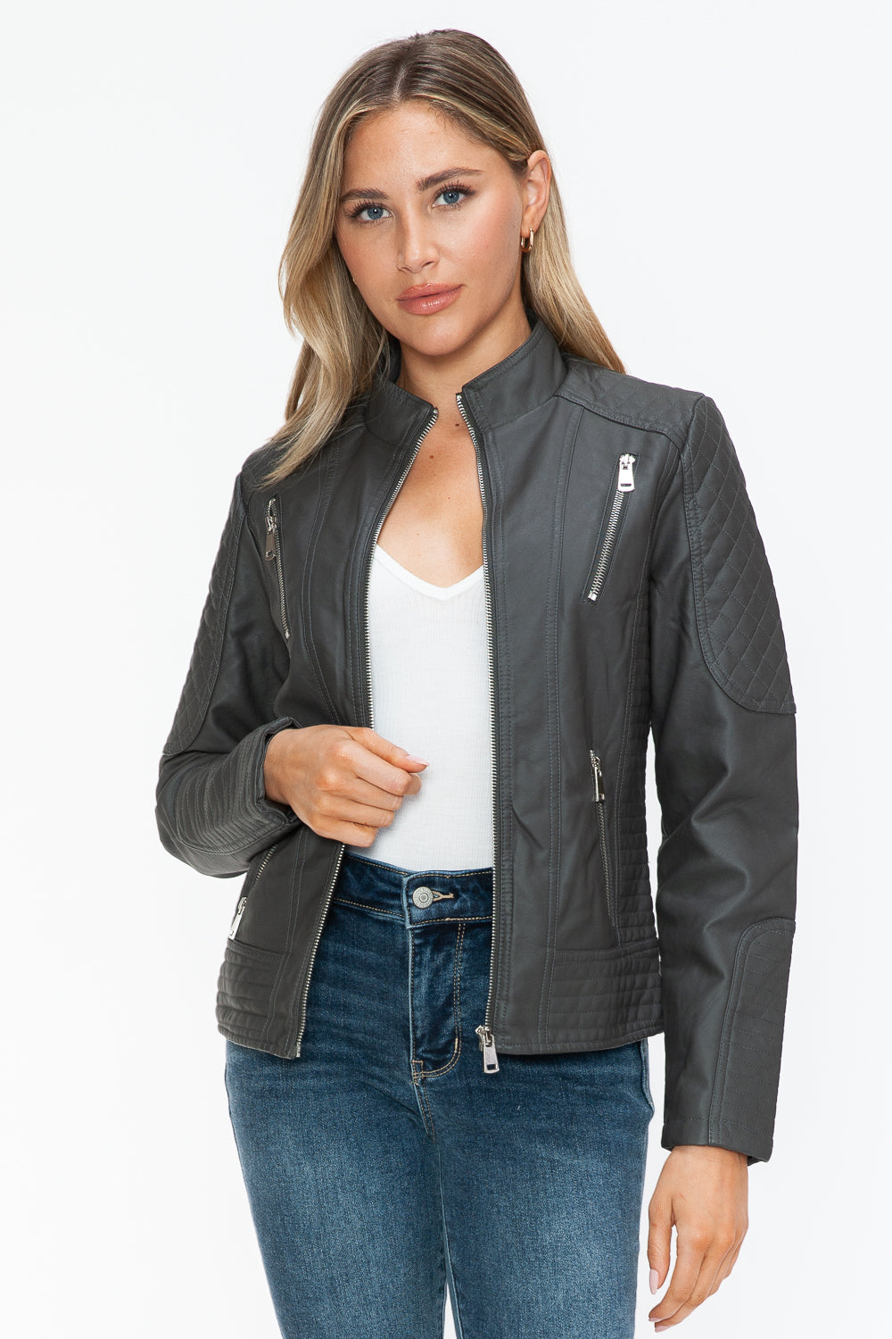 Snobbish Faux Leather Zip Up Mock Neck Jacket Charcoal / S Charcoal / M