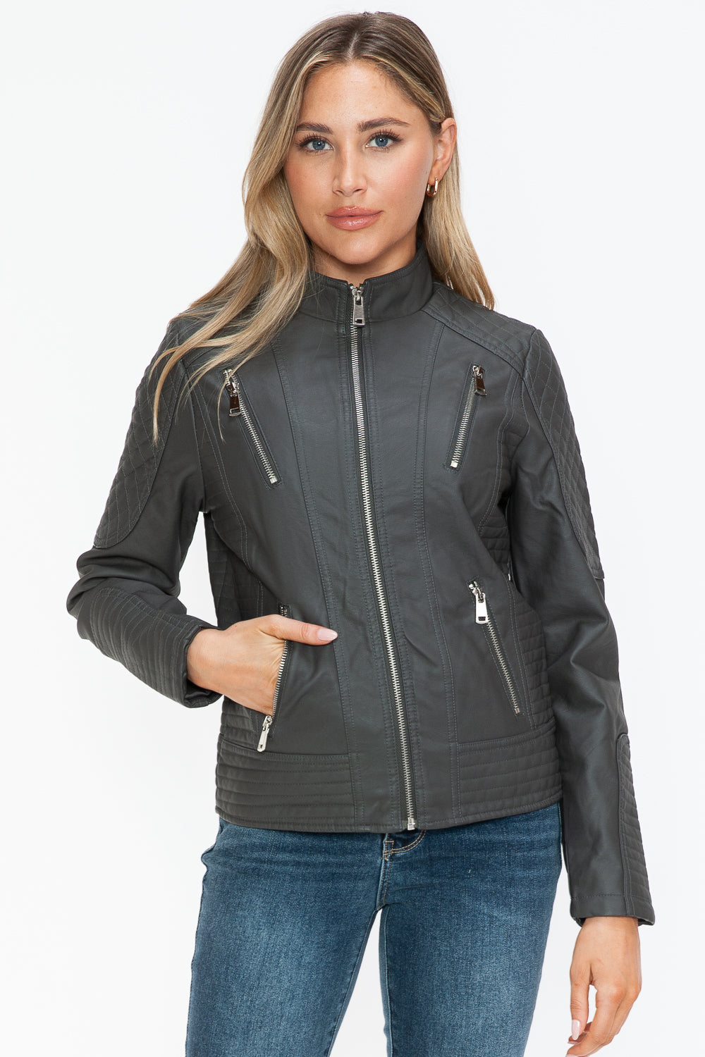 Snobbish Faux Leather Zip Up Mock Neck Jacket Charcoal / S Charcoal / M