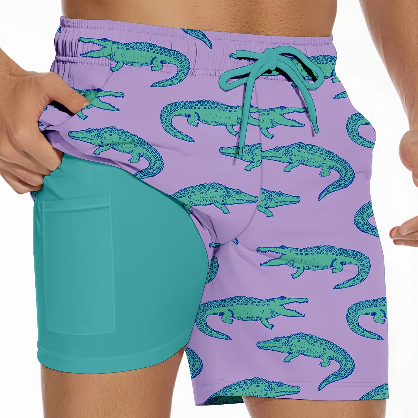 Men'S Summer Double-Layer Anti-Glare Beach Shorts, Casual Non-Stretch Fabric, Regular Fit with Flamingo Print