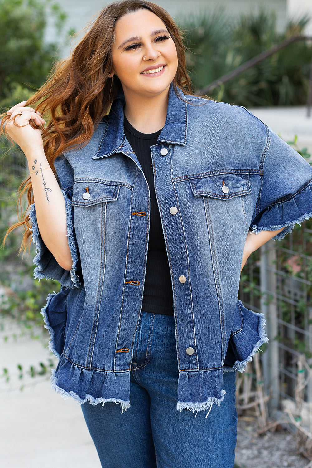 Peacock Blue Ruffled Frayed Short Sleeve Plus Size Denim Jacket Peacock Blue / 1X Peacock Blue / 2X