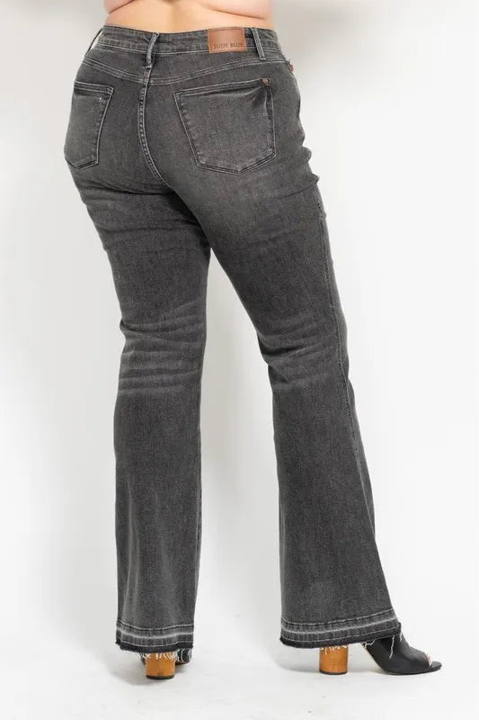 Judy Blue Full Size Midi Rise Tummy Control Washed Gray Release Hem Flare Jeans Plus Size GRY / 11(30) GRY / 5(27) GRY / 0(24) GRY / 11(30)-GRY / 5(27)-GRY / 0(24)-GRY / 1(25)-GRY / 3(26)-GRY / 7(28)-GRY / 9(29)-GRY / 13(31)-GRY / 15(32)-GRY / 14W-GRY / 16W-GRY / 18W-GRY / 20W-GRY / 22W-GRY / 24W-