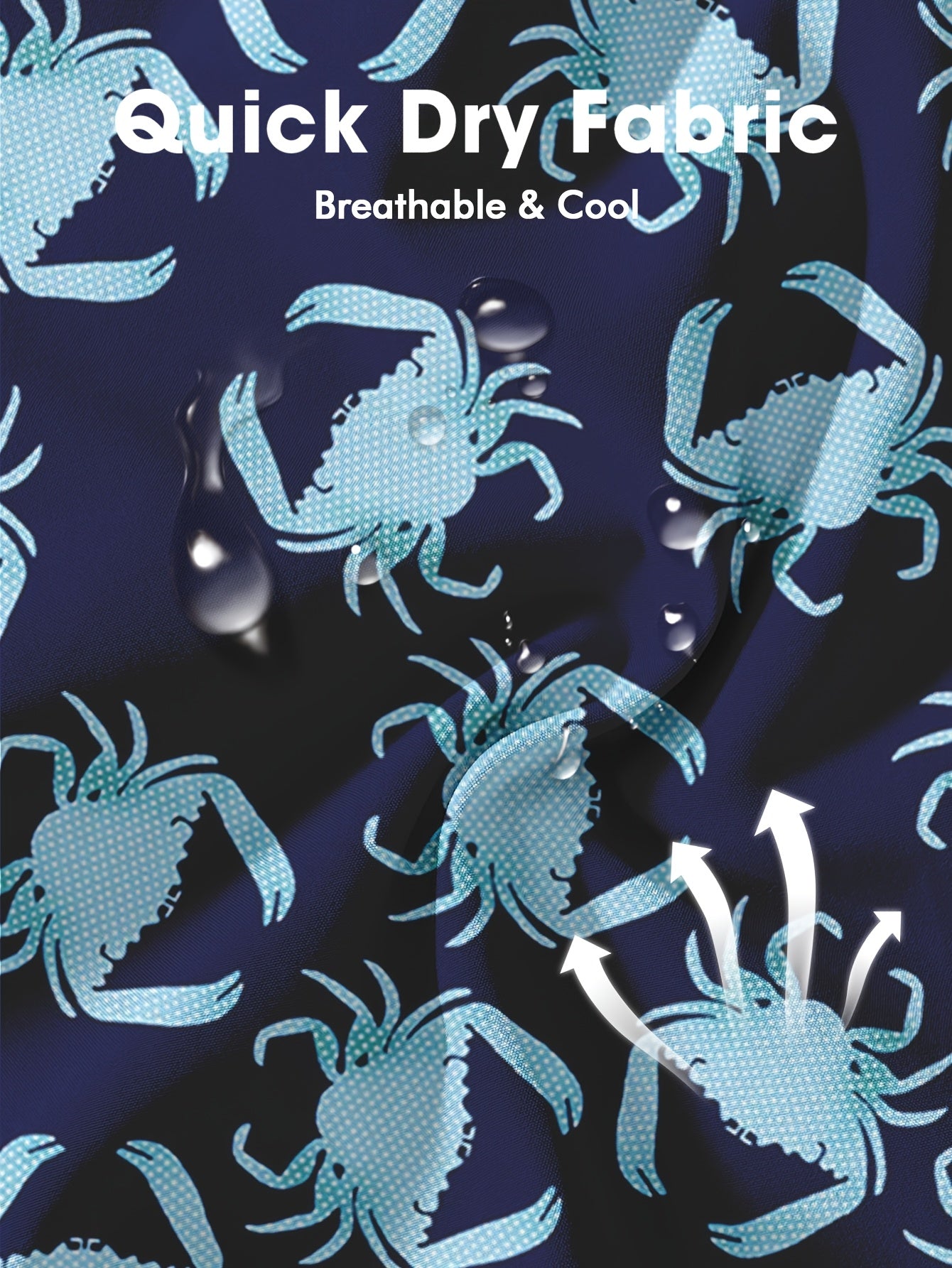 Men's 2-in-1 Digital Print Beach Shorts - Quick-Dry, Casual Navy Blue Crab Pattern with Teal Interior Lining, Drawstring