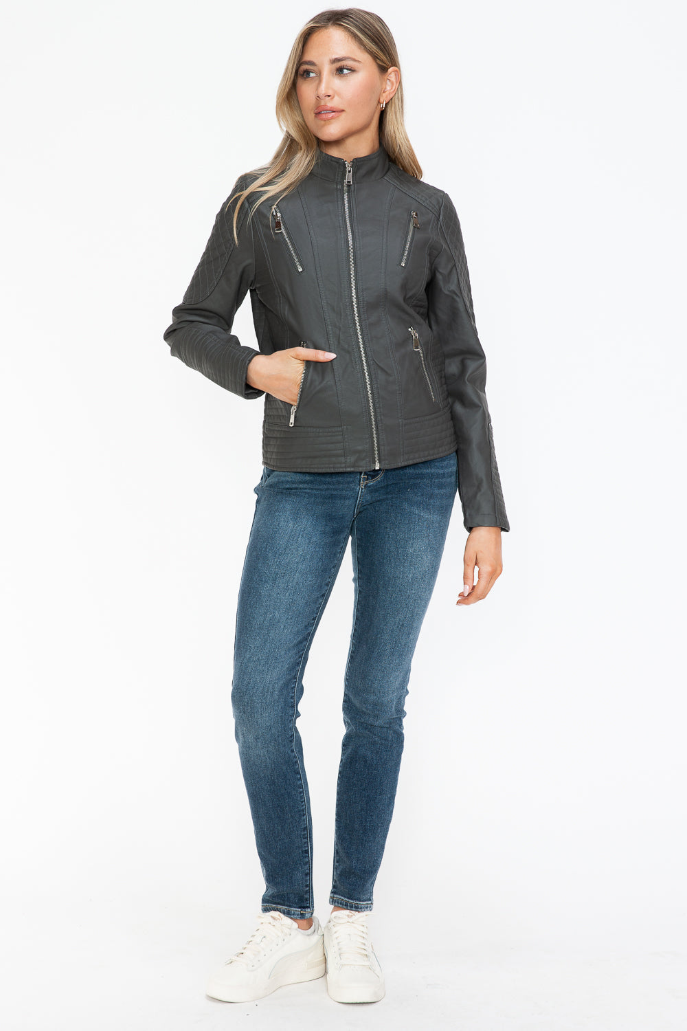 Snobbish Faux Leather Zip Up Mock Neck Jacket Charcoal / S Charcoal / M