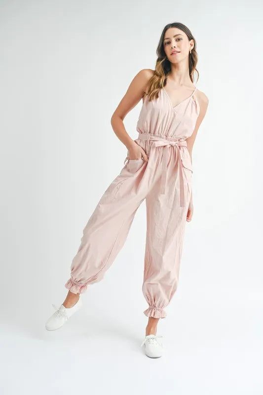 MABLE Washed Fabric Spaghetti Strap Waist Belted Jumpsuit Pink / S Pink / M Pink / L Pink / S-Pink / M-Pink / L-