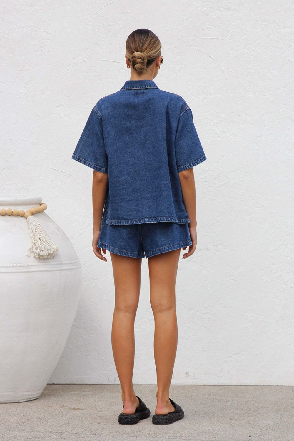 Collared Neck Button Up Top and Shorts Denim Set Light / S Light / M