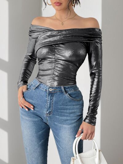 Perfee Ruched Off-Shoulder Long Sleeve Bodysuit Black / S Black / M Black / L Black / S-Black / M-Black / L-Black / XL-