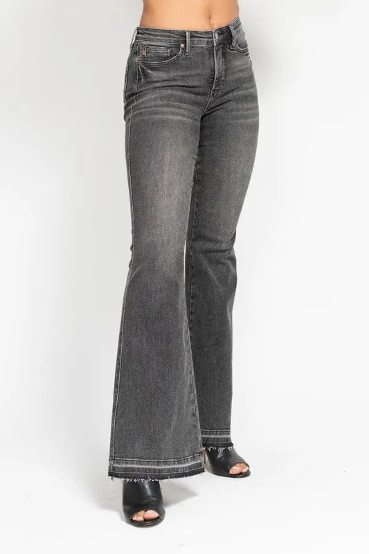 Judy Blue Full Size Midi Rise Tummy Control Washed Gray Release Hem Flare Jeans Plus Size GRY / 11(30) GRY / 5(27) GRY / 0(24) GRY / 11(30)-GRY / 5(27)-GRY / 0(24)-GRY / 1(25)-GRY / 3(26)-GRY / 7(28)-GRY / 9(29)-GRY / 13(31)-GRY / 15(32)-GRY / 14W-GRY / 16W-GRY / 18W-GRY / 20W-GRY / 22W-GRY / 24W-