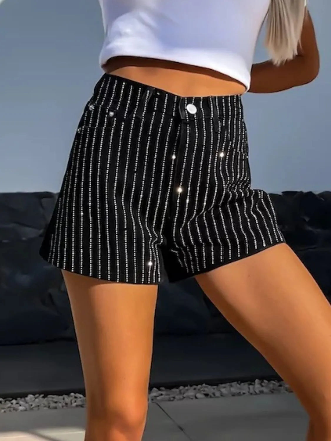 Rhinestone High Rise Denim Shorts