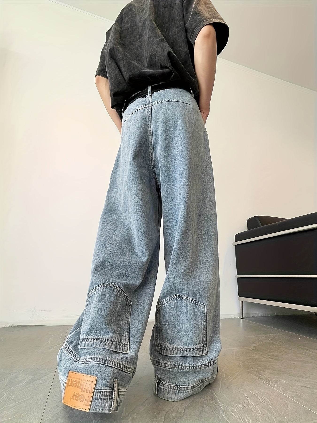 (Button Hole Not Opened) Reverse Pocket Design, High Street Jeans, Men'S And Women'S Versatile, Washed Wide Leg Retro Pants - Fashionqueene.com