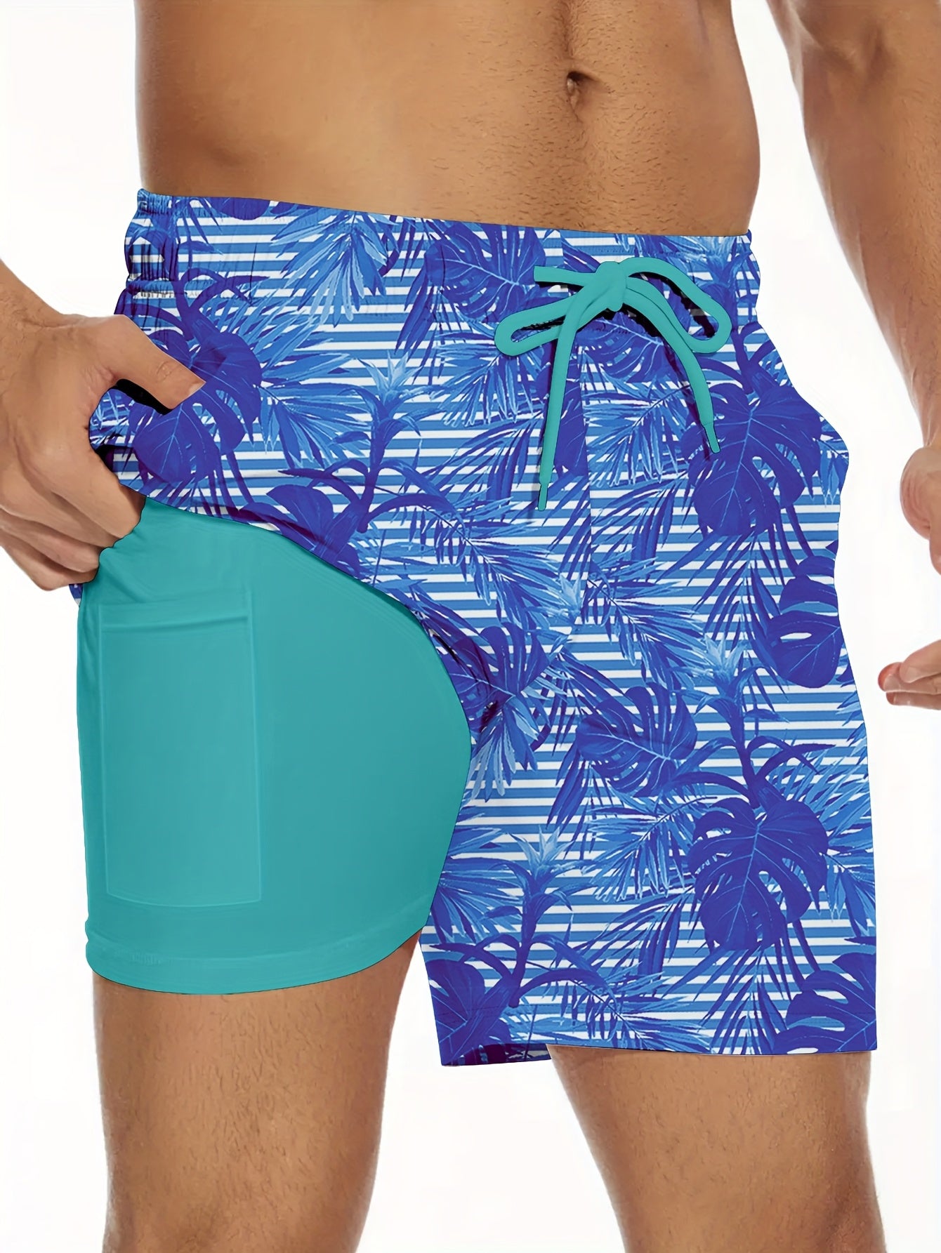 Men's Tropical Print Swim Trunks | Quick-Dry Polyester & Spandex Blend | Adjustable Drawstring Waistband | Built-In Compression Liner | Side Pockets with Drain Holes | Ideal for Beach and Water Sports, Water Sports Apparel |