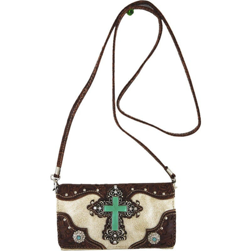 1pc Western Style Faux Leather Handbag with Rhinestone Cross and Conchos, Studded Shoulder Bag with Trifold Wallet Set Beige #2 Black Set Coffee Set Beige #2-Black Set-Coffee Set-Turquoise Set-