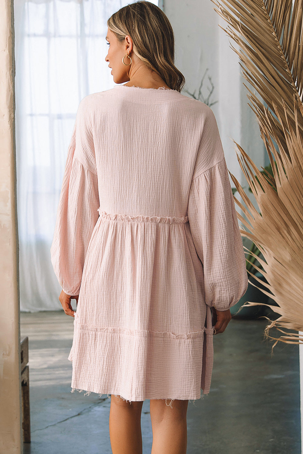 Oatmeal Crinkle Distressed Puff Sleeve Flared Dress Oatmeal / S / 100%Cotton Oatmeal / M / 100%Cotton