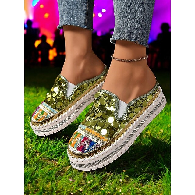 Chic National Totem Sequin Platform Mules: Stylish & Comfortable Faux Leather Sneakers