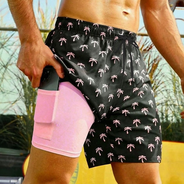 Men's Tropical Coconut Tree Board Shorts - Swim Trunks with Side Pockets