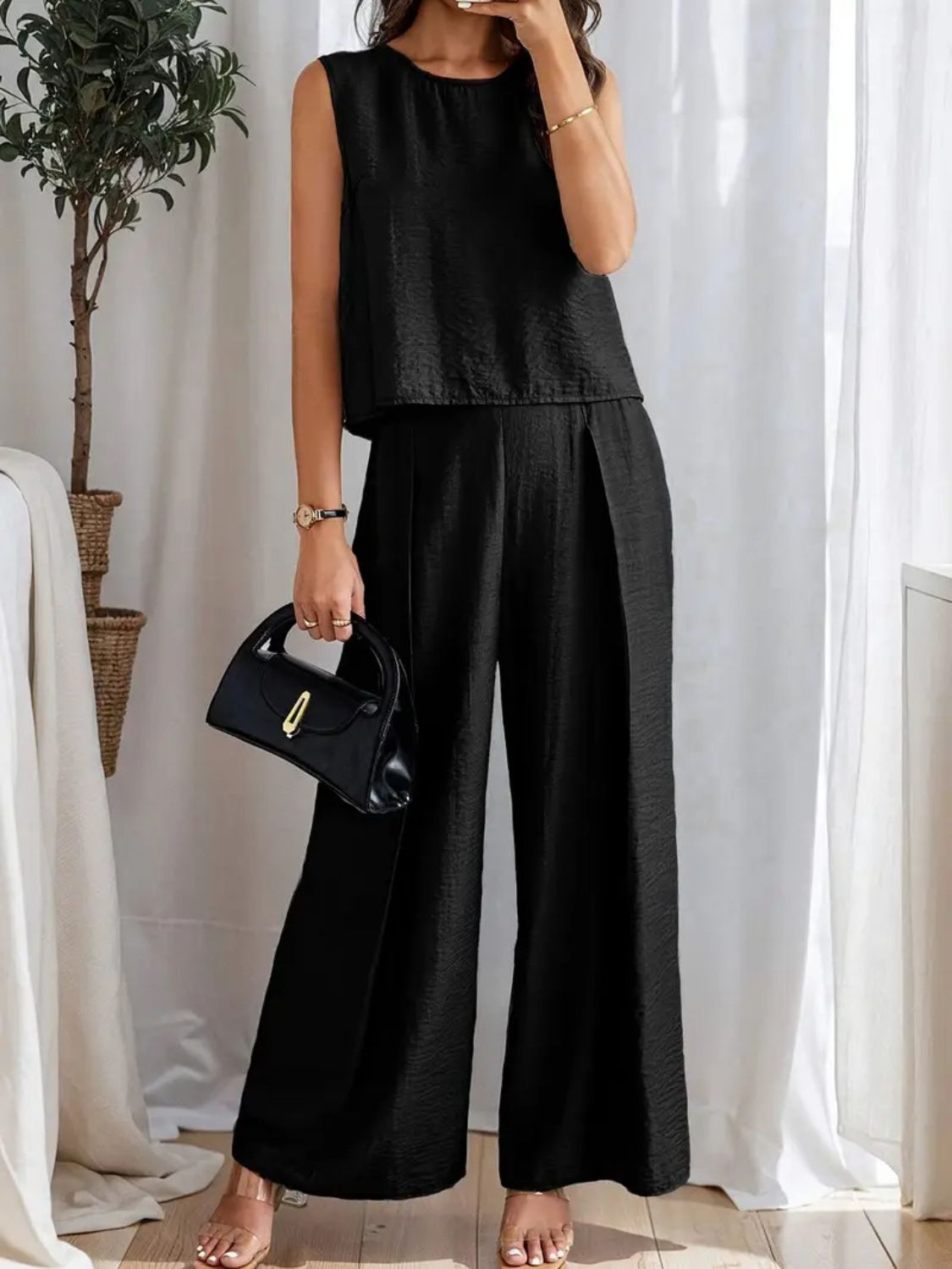 Round Neck Sleeveless Top and Wide Leg Pants Set Tan / 2XL Dusty Blue / S Dusty Blue / M Tan / 2XL-Dusty Blue / S-Dusty Blue / M-Dusty Blue / L-Dusty Blue / XL-Dusty Blue / 2XL-Black / S-Black / M-Black / L-Air Force Blue / S-Black / XL-Black / 2XL-Moonlit Mauve / S-Air Force Blue / M-Moonlit Mauve / M-Moonlit Mauve / L-Moonlit Mauve / XL-Moonlit Mauve / 2XL-Air Force Blue / L-Air Force Blue / XL-Air Force Blue / 2XL-Tan / S-Tan / M-Tan / L-Tan / XL-