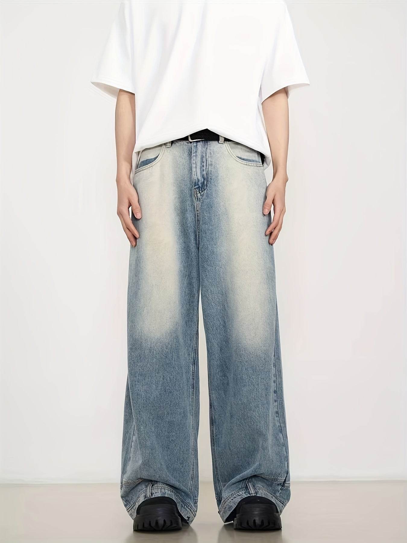(Button Hole Not Opened) Reverse Pocket Design, High Street Jeans, Men'S And Women'S Versatile, Washed Wide Leg Retro Pants - Fashionqueene.com