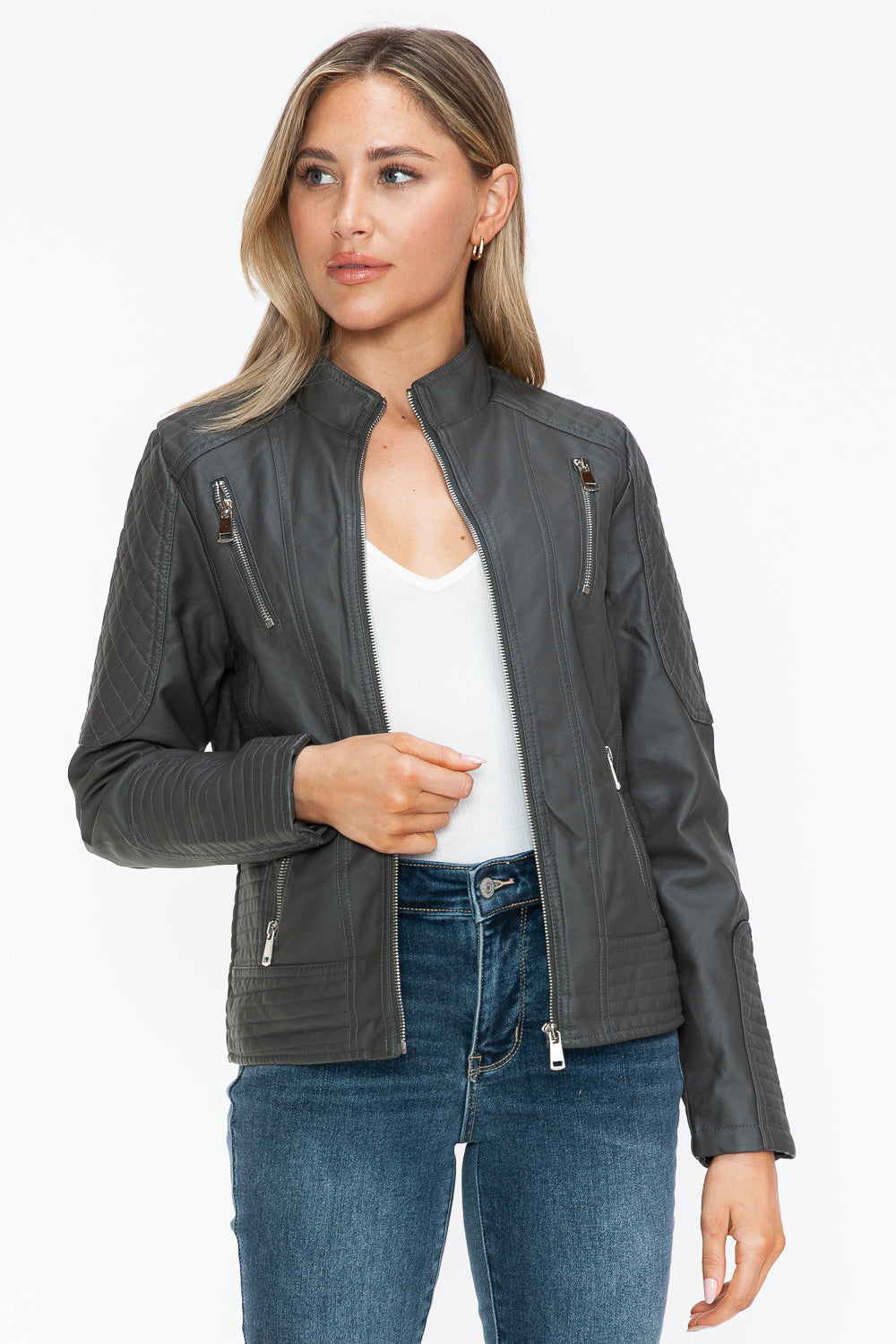 Snobbish Faux Leather Zip Up Mock Neck Jacket Charcoal / S Charcoal / M