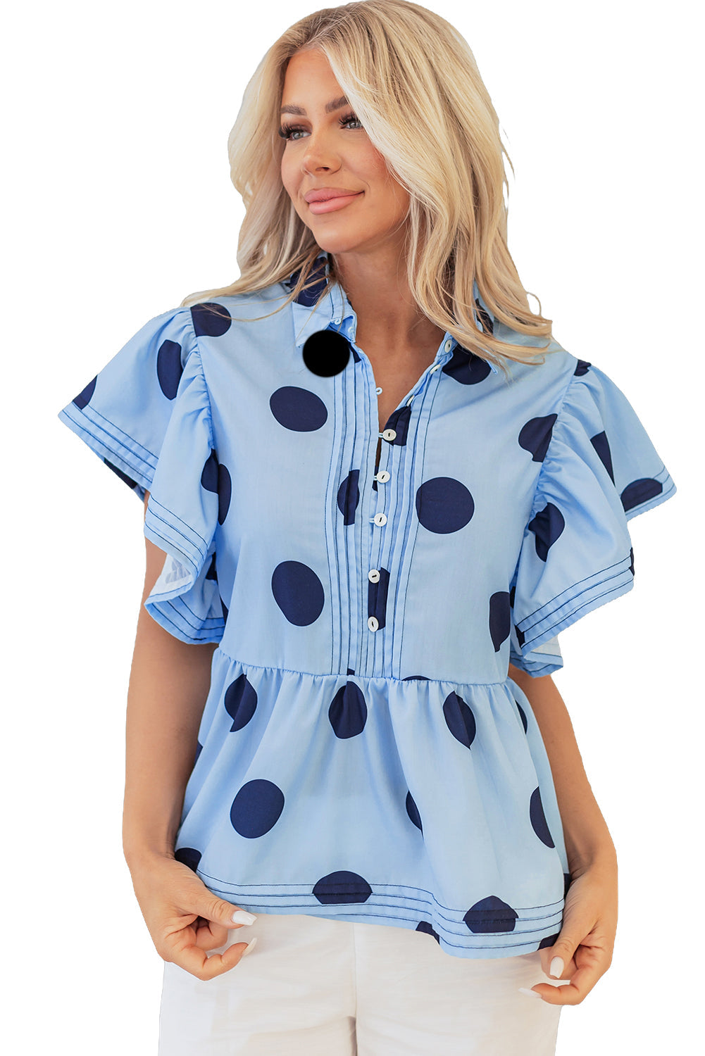 Chic Polka Dot Ruffled Button-Up Blouse with Short Sleeves