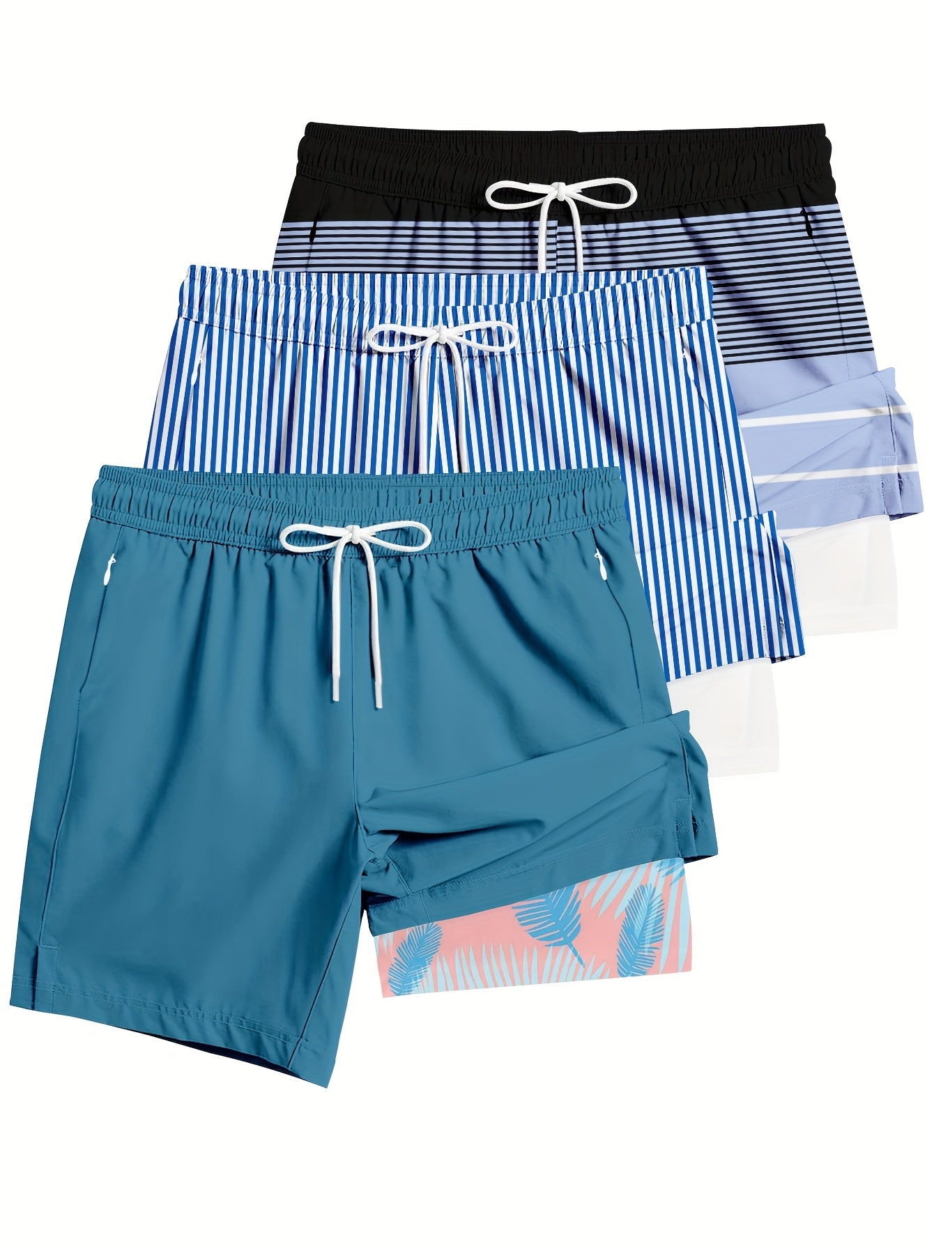 3pcs Men's Breathable -Blend Casual Shorts with Zipper Closure & Elastic Waistband - Digital Print Striped