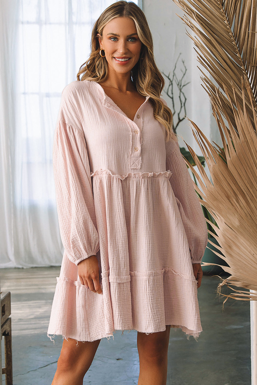 Oatmeal Crinkle Distressed Puff Sleeve Flared Dress Oatmeal / S / 100%Cotton Oatmeal / M / 100%Cotton