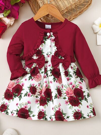 Frill Floral Round Neck Flounce Sleeve Dress Deep Red / 2-3 Deep Red / 6-9M Deep Red / 9-12M Deep Red / 2-3-Deep Red / 6-9M-Deep Red / 9-12M-Deep Red / 12-18M-Deep Red / 18-24M-