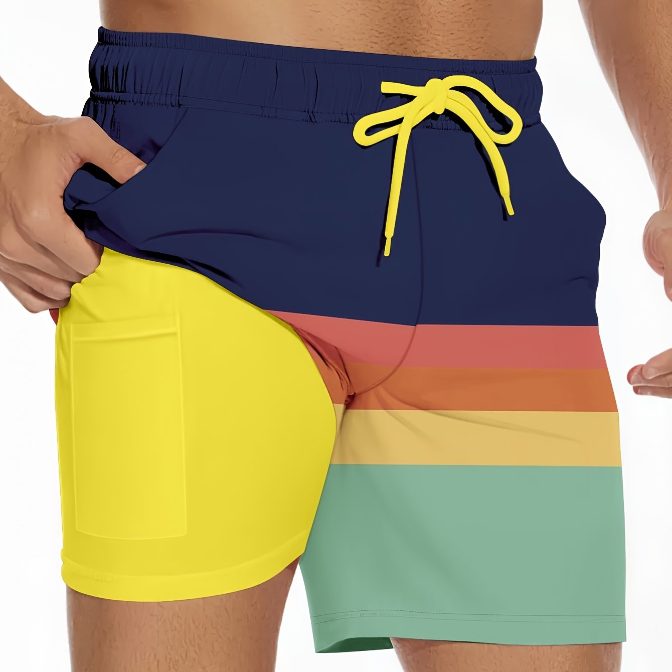 Men's Quick-Dry Swim Trunk with Compression Liner - Vibrant Yellow & Black Striped Beach Board Shorts, Regular Fit for Swimming, Surfing & Summer