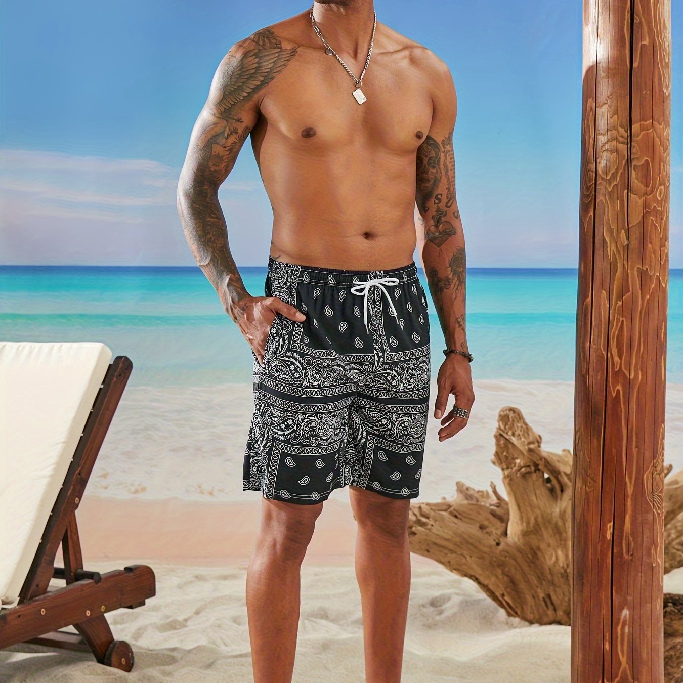 Men's Quick-Dry Hawaiian Swim Trunks with Adjustable Elastic Waist & Anti-Slip Pockets - Lightweight Beach Shorts, 95% Polyester 5% Spandex, Shark Print Design for Surfing, Swimming & Summer Activities, Surfing Essentials, Pl
