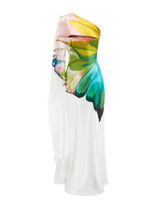 Elegant Asymmetric Flower Print One-Shoulder Maxi Dress with Long Sleeves WHITE / S WHITE / M WHITE / L WHITE / S-WHITE / M-WHITE / L-WHITE / XL-WHITE / 2XL-