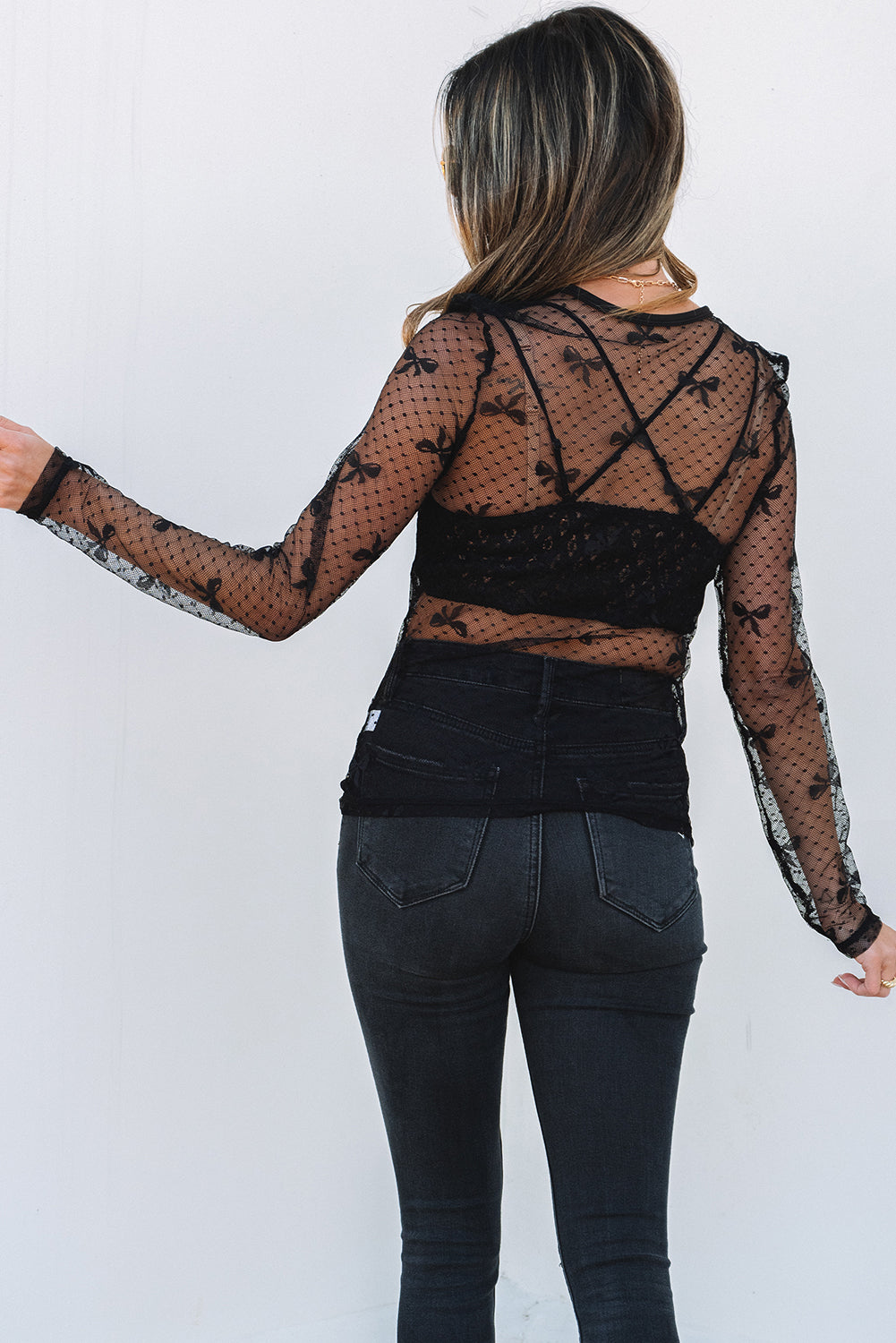 Black Bow Pattern Accent Mesh Long Sleeve Top Black / S / 90%Polyamide+10%Elastane Black / M / 90%Polyamide+10%Elastane Black / L / 90%Polyamide+10%Elastane Black / S / 90%Polyamide+10%Elastane-Black / M / 90%Polyamide+10%Elastane-Black / L / 90%Polyamide+10%Elastane-Black / XL / 90%Polyamide+10%Elastane-