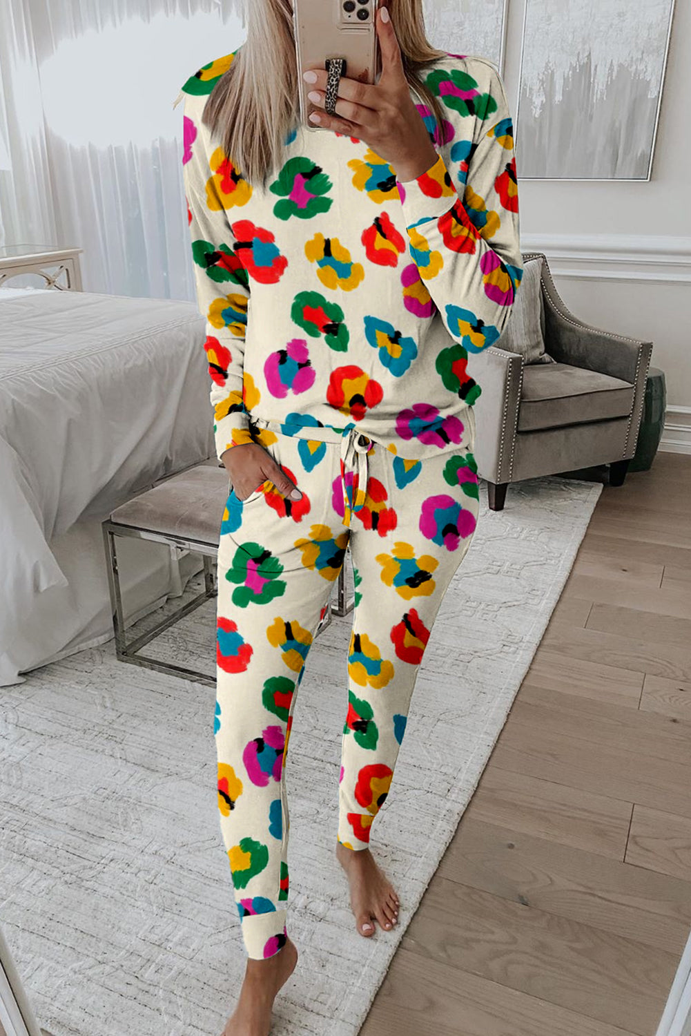 Apricot Leopard Print Long Sleeve Top and Skinny Pants Lounge Set Apricot / S / 95%Polyester+5%Elastane Apricot / M / 95%Polyester+5%Elastane