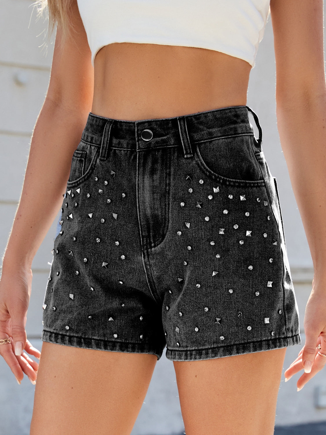 Rhinestone Washed High Waist Denim Shorts Black / S Medium / 2XL Black / M Black / S-Medium / 2XL-Black / M-Black / L-Black / XL-Black / 2XL-Medium / S-Medium / M-Medium / L-Medium / XL-